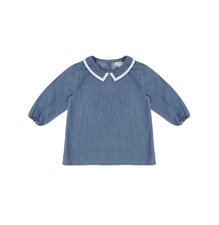 3/4 SLEEVES DENIM TRIM COLLAR TOP