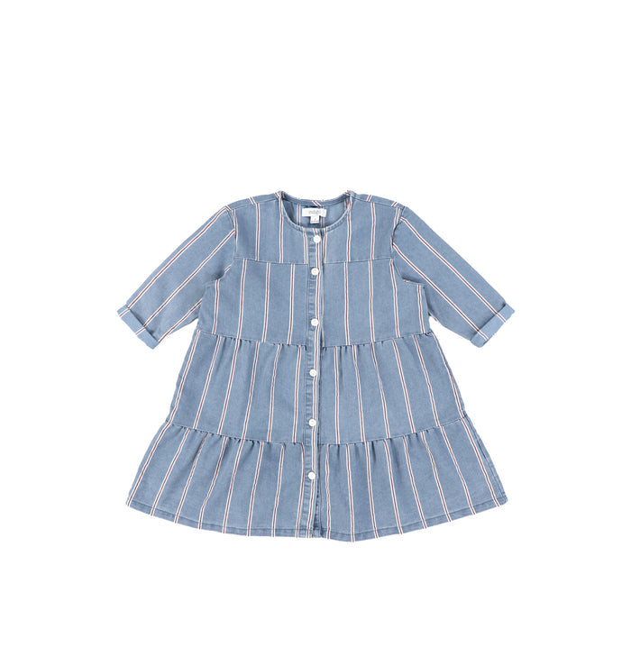 3/4 SLEEVES RED STRIPE TIERED DRESS