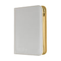 A Vault X zippered binder in white with gold stitching and zip, shown on a plain white background.