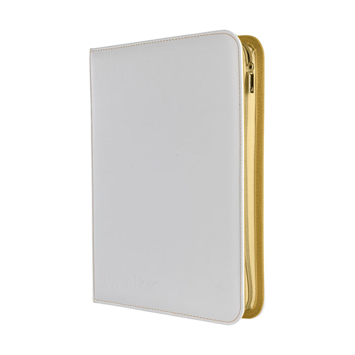 A Vault X zippered binder in white with gold stitching and zip, shown on a plain white background.