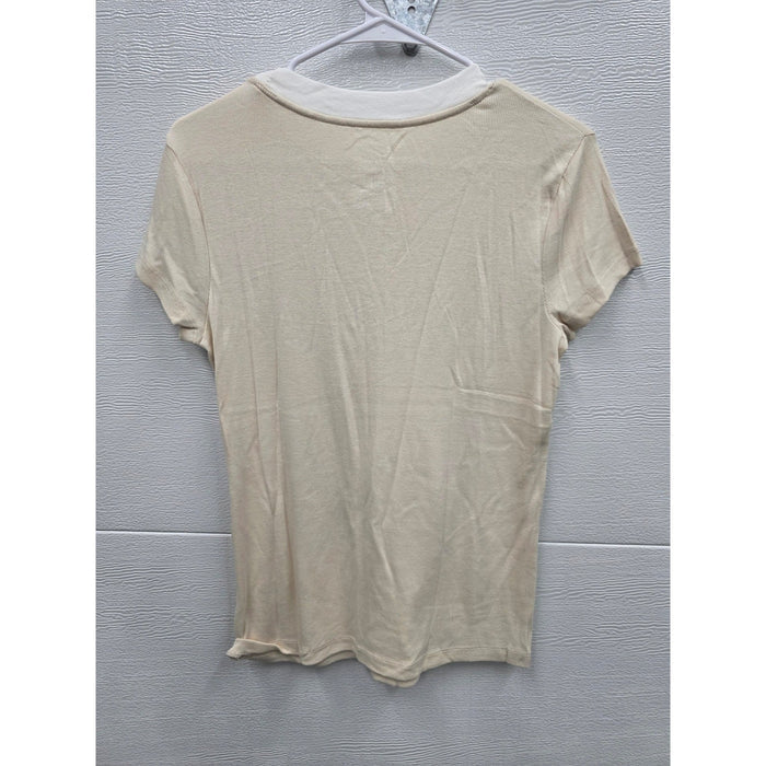 A New Day Women Short Sleeve Ribbed T-Shirt Beige White Crew Neck
