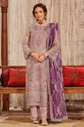 Full front view of NAQSHI Abeer outfit showing straight organza shirt, detailed embroidery, and purple dupatta styling
