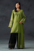 NAQSHI Abeera lime green ready-to-wear formal 3-piece outfit with embroidered long shirt, black trousers and matching net dupatta for weddings and party events.
