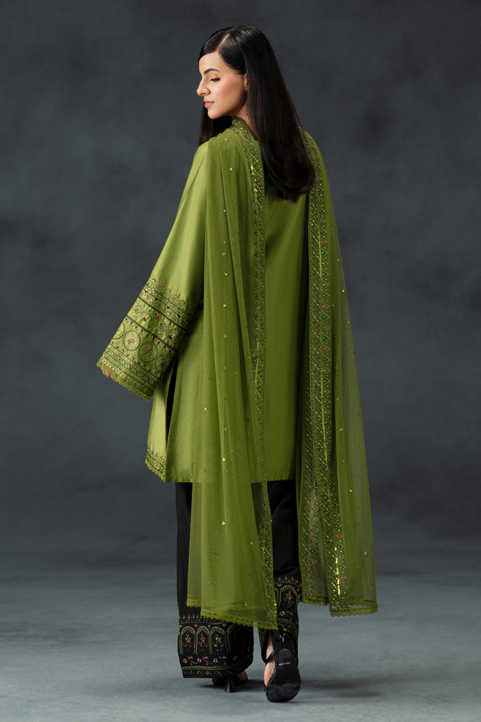 Back view of NAQSHI Abeera lime green formal dress set with detailed embroidery and flowing net dupatta for special occasion wear.