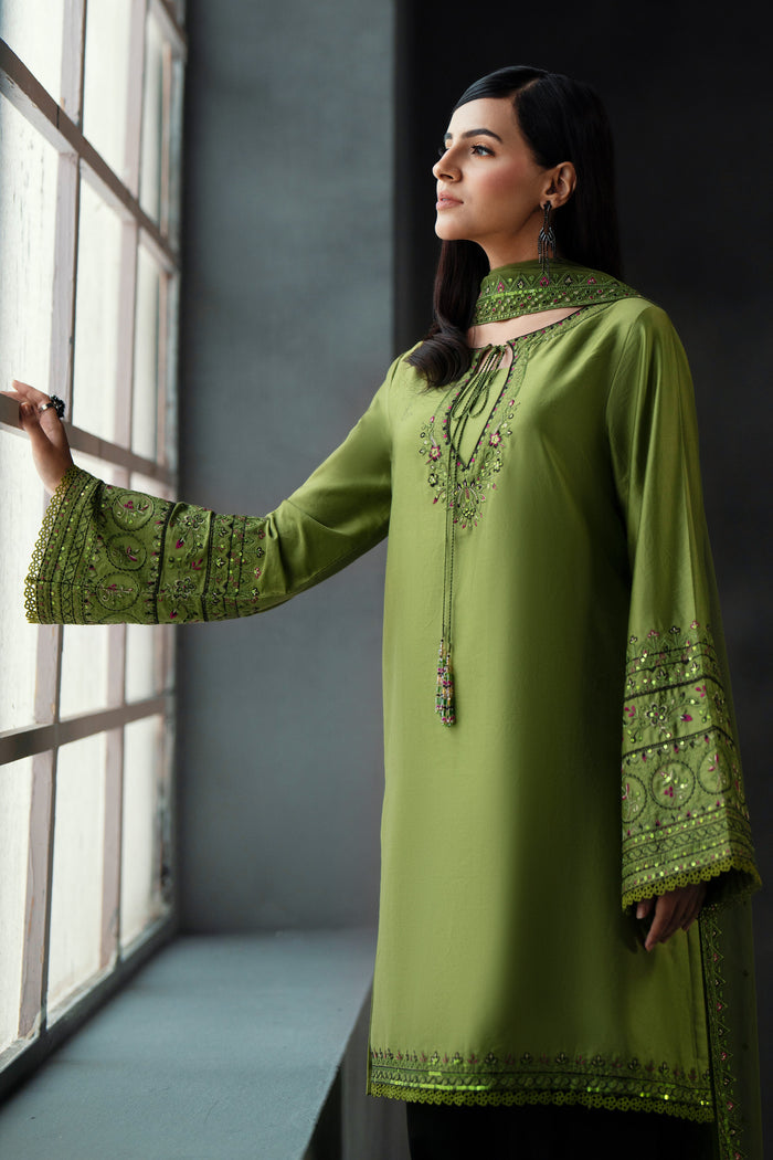 Styled presentation of NAQSHI Abeera lime green formal outfit with embroidered neckline and net dupatta for wedding celebrations and festive events