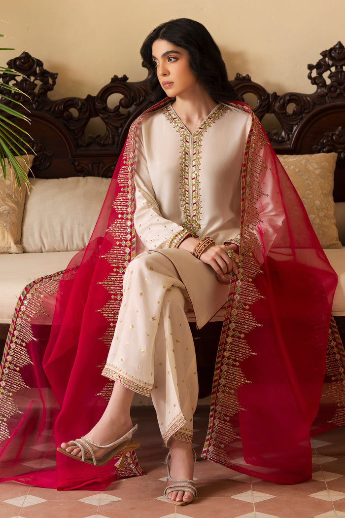 NAQSHI Abish hot‑pink organza dupatta draped elegantly to display lengthwise borders detailed with embroidery and sequin work contrasted against bright pink hue.