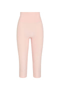 Front view of Acadia cropped legging in heather powder pink showing high waist, doubled waistband and cropped length on white background