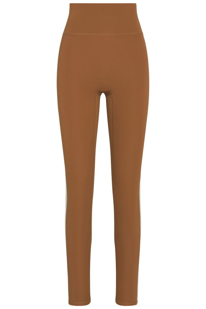 Front view of Acadia Legging in Caramel showing high waist with doubled waistband and front pocket detail on white background