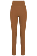 Front view of Acadia Legging in Caramel showing high waist with doubled waistband and front pocket detail on white background