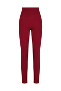 Front view of Acadia Legging in Cherry showcasing high rise doubled waistband and front seam on white background
