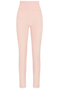 Front view of Acadia legging in Heather Powder Pink showing high waist, doubled waistband and front pocket on white
