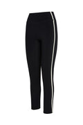 Black high-waist full-length leggings with white side stripe along outer leg