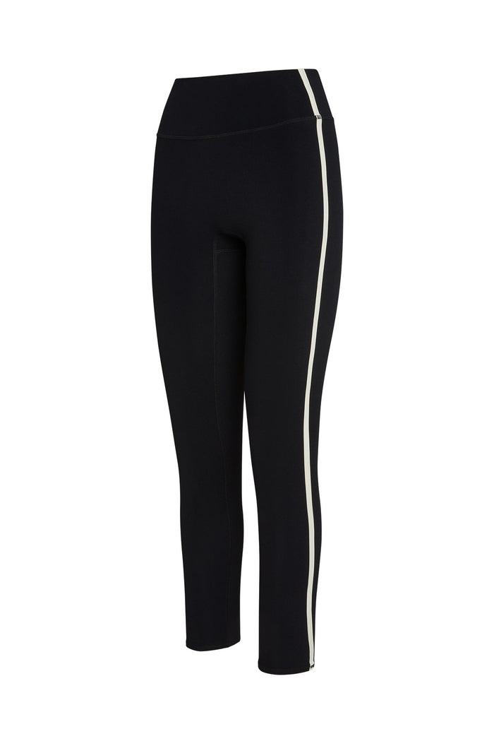 Black high-waist full-length leggings with white side stripe along outer leg