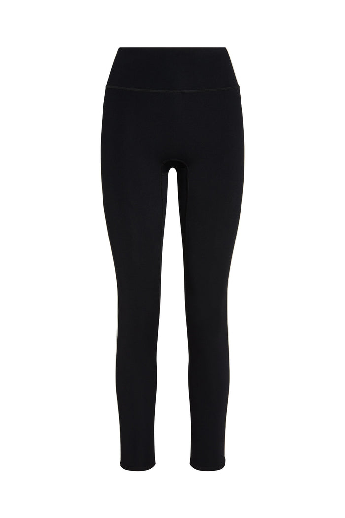 Black high-waist, full-length leggings with flat waistband and slim fit