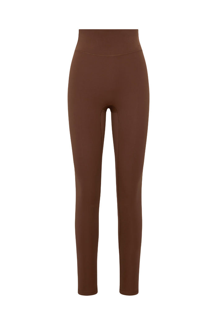 Front view of Acadia Legging 27 inch in Cliffside brown, high-rise waistband and full-length slim fit on white background