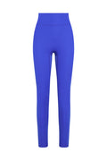High-waist cobalt blue full-length leggings, front view, flat lay