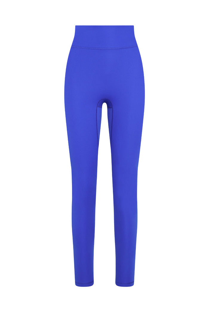 High-waist cobalt blue full-length leggings, front view, flat lay