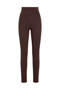 High-rise chocolate-brown full-length leggings with flat waistband on white background