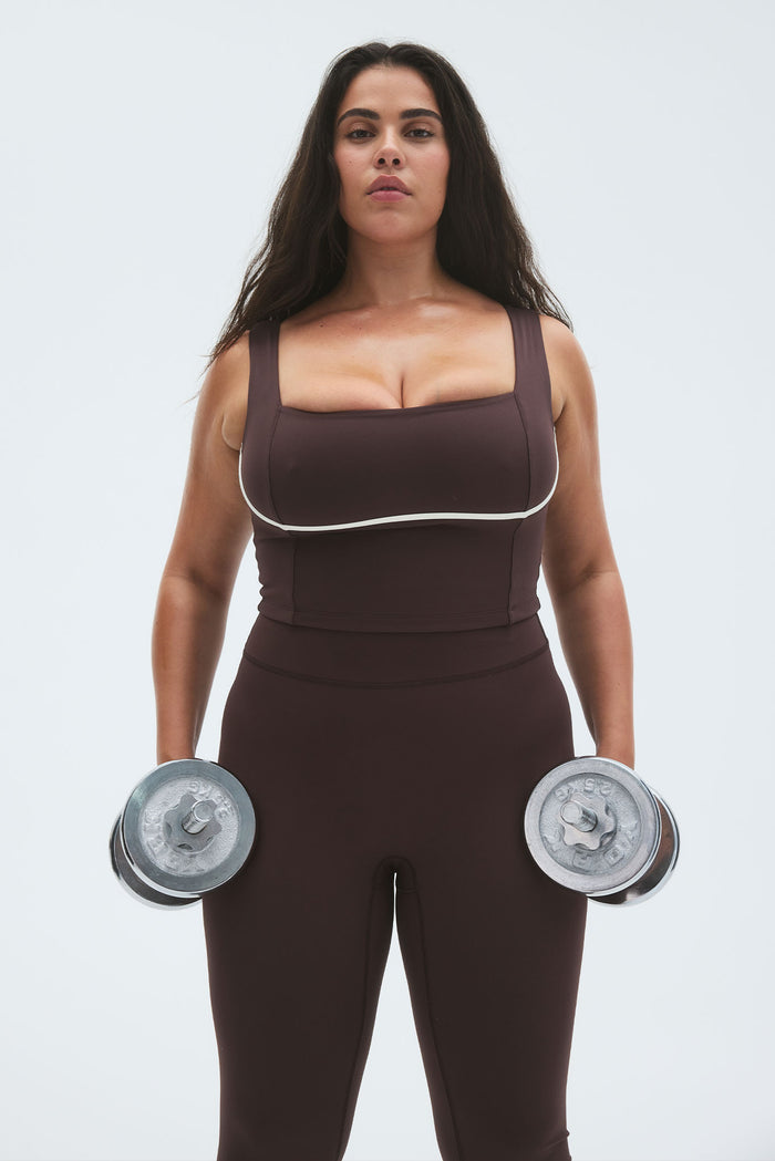 Front view of Acadia Legging 27" in Espresso showing high-rise waistband and contouring BodyLine fabric on white background