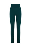 Front of Acadia Legging 27-inch in Evergreen showing high-rise waistband and full-length slim fit on white background