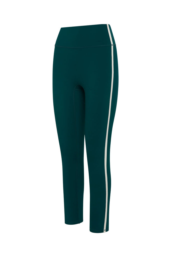 Dark teal high-waist full-length leggings with a single white side stripe