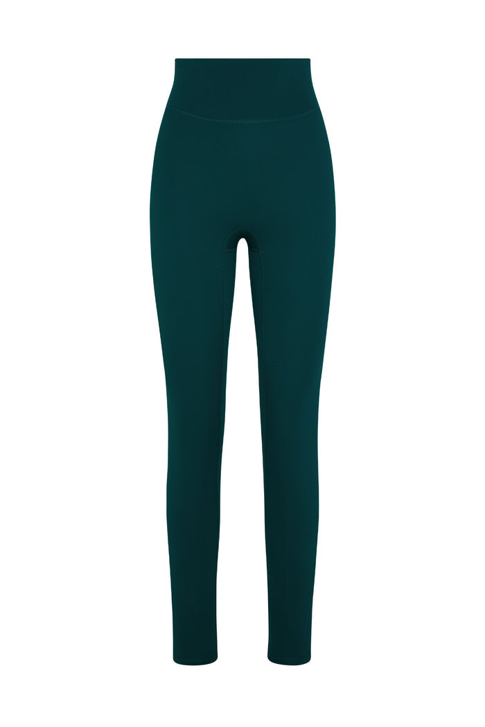High-waist, full-length dark teal leggings with wide waistband and flat seams.