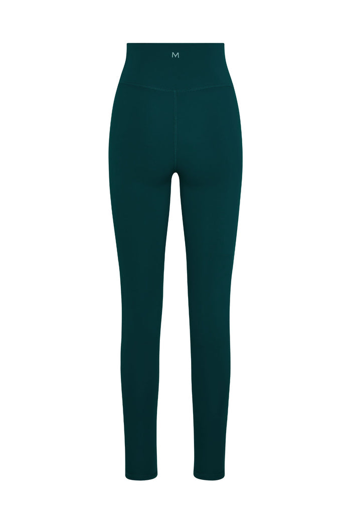 Teal high-waist leggings, back view with small M logo on center waistband