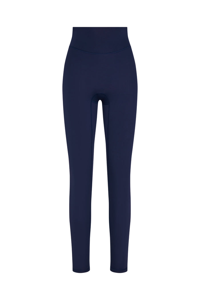 Front view of Acadia Legging Long 29-inch in Midnight Jersey with high-rise waist and full-length fit on white background