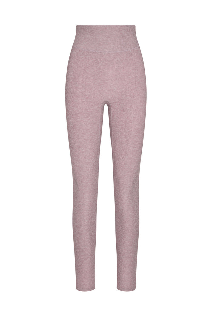 Front view of Acadia Legging Long showcasing high-rise waistband and seamless mauve heathered fabric with white background