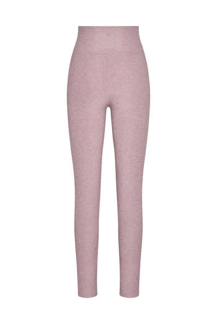 Front view of Acadia Legging Long in Heather Mauve showcasing high-rise waistband and seamless heathered fabric on white background