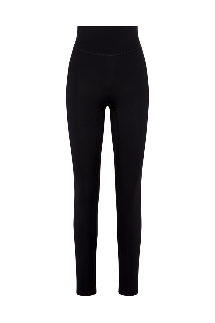 High-rise black full-length leggings with wide waistband on white background.