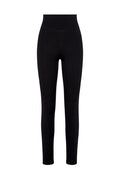 High-rise black full-length leggings with wide waistband on white background.