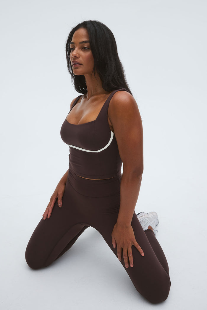 Three-quarter view of Acadia Long Legging 29-inch in Espresso showing high-rise, full-length fit and contouring BodyLine fabric