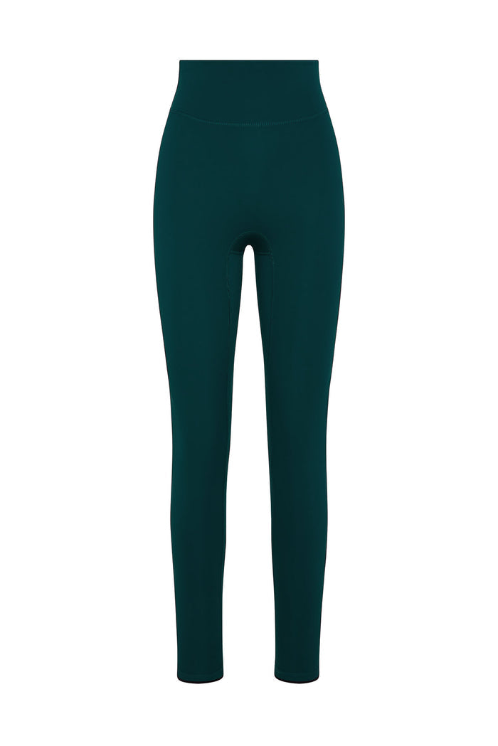 Dark teal high-waist leggings, full-length front view on white background.