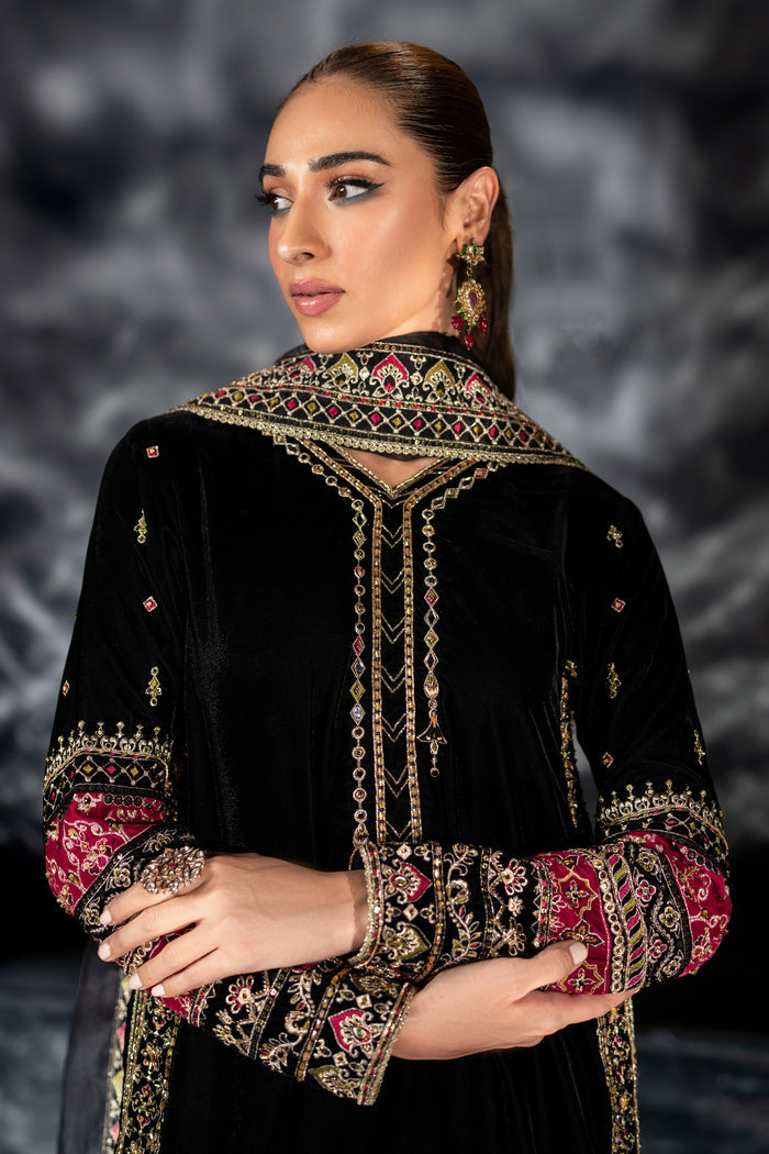 Close-up of NAQSHI Adhan shirt neckline showing V-neck design with hand adda work and stone embellishment