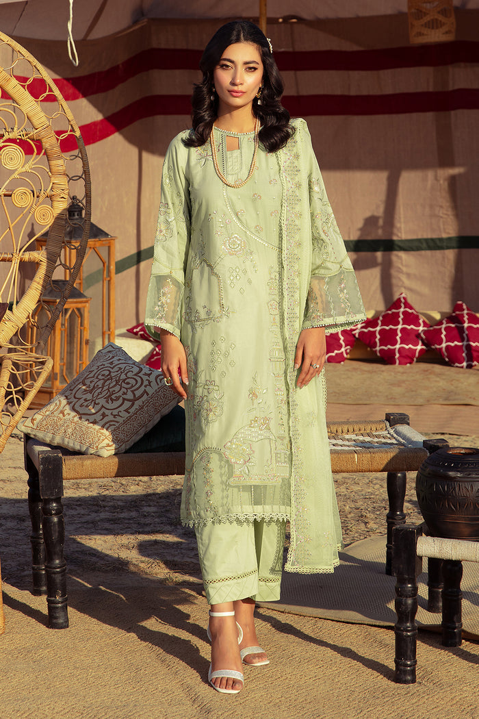 NAQSHI Aiza pistachio outfit with long straight shirt, straight trousers, and embroidered dupatta for festive occasions