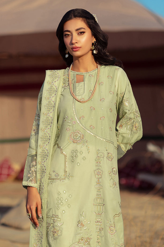 Front standing view of NAQSHI Aiza outfit showing pistachio shirt with embroidery, straight cut, and elegant overall look