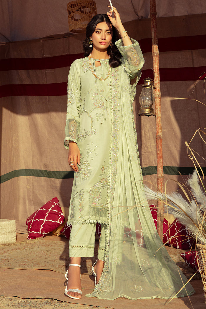Full-length view of NAQSHI Aiza ready-to-wear set showing straight shirt, trousers, and embroidered dupatta styling