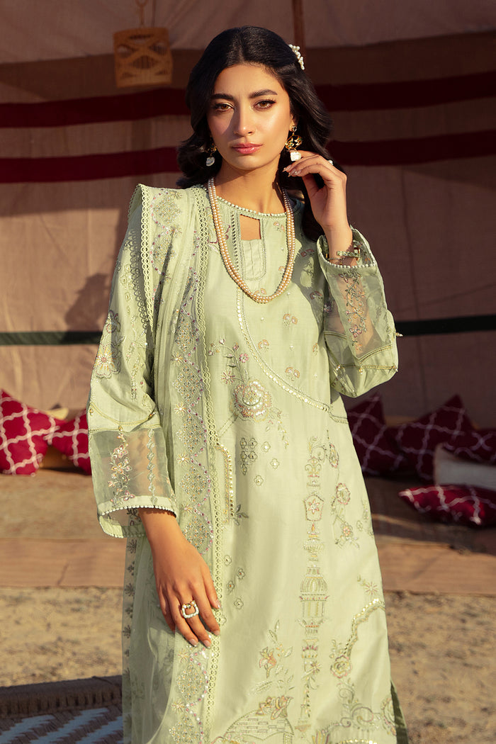 Front close-up of NAQSHI Aiza outfit highlighting neckline embroidery, keyhole detail, and fine hand work