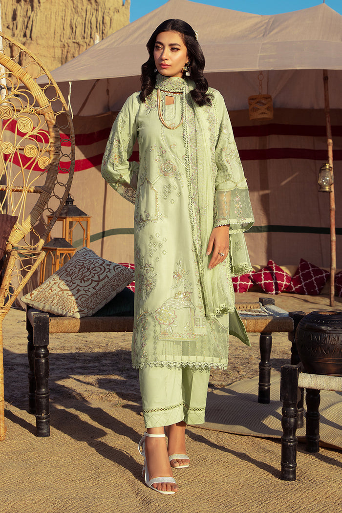 Full front view of NAQSHI Aiza outfit showing complete silhouette with straight trousers and balanced fit