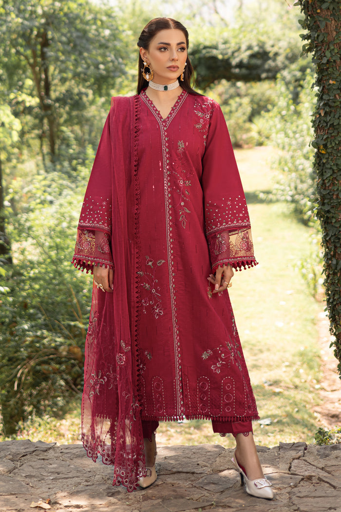 NAQSHI garnet red ready-to-wear outfit with embroidered gown style shirt, straight cambric pants, and net dupatta