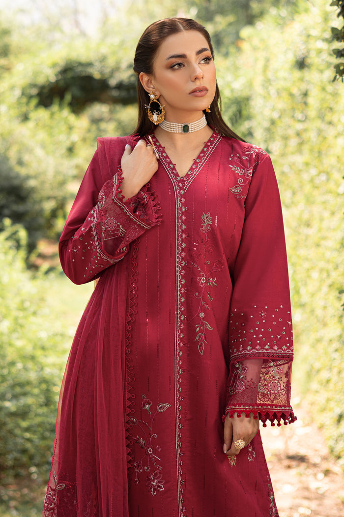 Front view of NAQSHI garnet red outfit showing V neckline embroidery and long gown cut