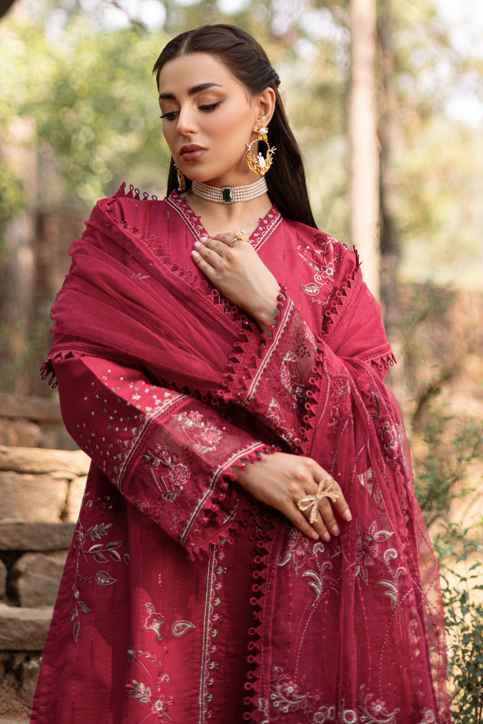 Close-up of NAQSHI garnet red dupatta showing embroidered scalloped border and sequin detailing