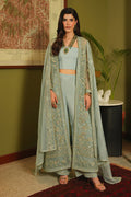 Dusty blue embroidered organza open-front gown by NAQSHI with inner bustier, detailed adda work, culottes, and net dupatta