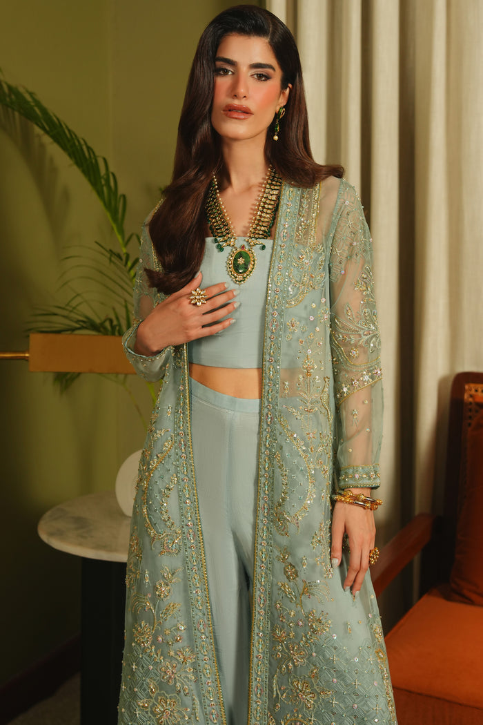 Front view of NAQSHI Alyana dusty blue 4-piece outfit highlighting embroidered gown panels, inner bustier, and elegant formal styling.