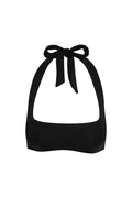 Front close-up of Amalfi Top in black showcasing square neckline and adjustable halter tie on white background