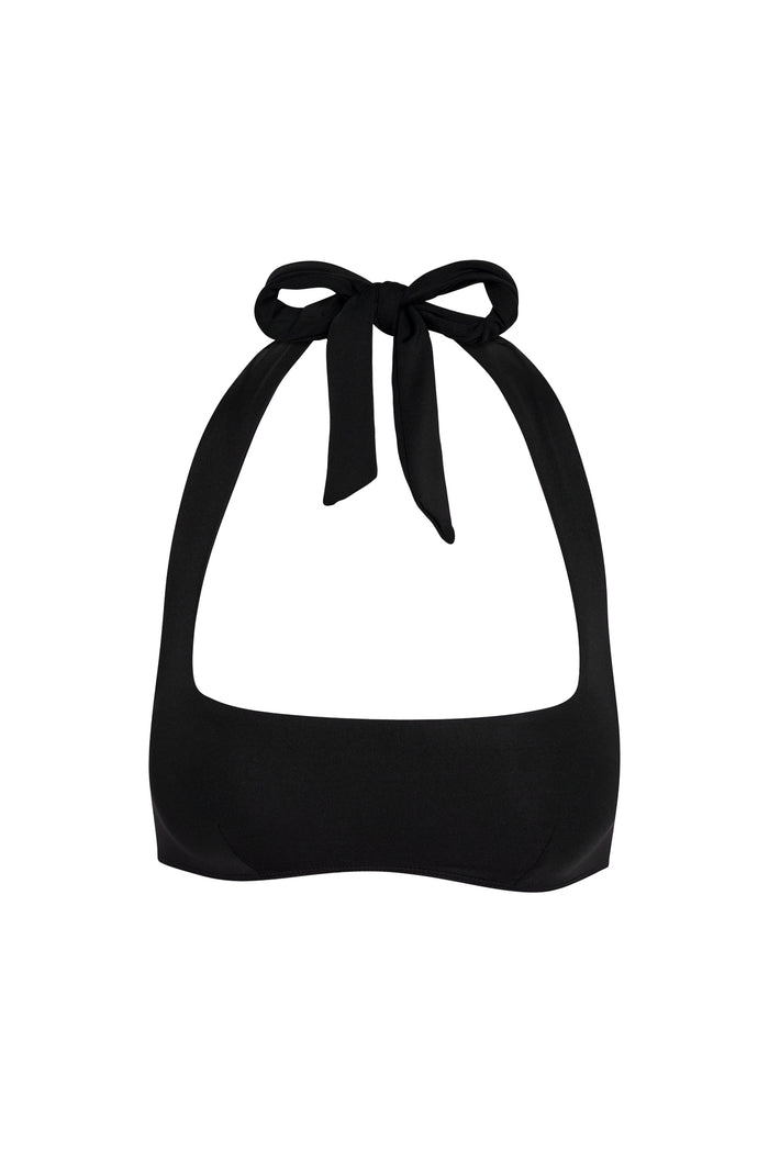 Front close-up of Amalfi Top in black showcasing square neckline and adjustable halter tie on white background