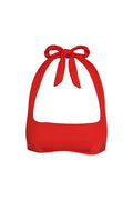 Close-up front of Amalfi Top in Chili Pepper showcasing square neckline and tied halter bow on white background