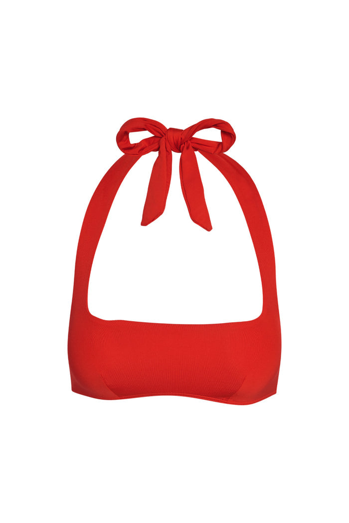 Close-up front of Amalfi Top in Chili Pepper showcasing square neckline and tied halter bow on white background