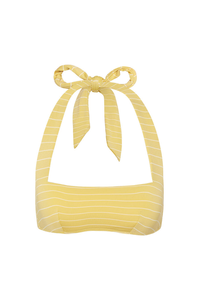 Front close-up of Amalfi Top Meyer Stripe showcasing square neckline and tied adjustable halter straps on white background